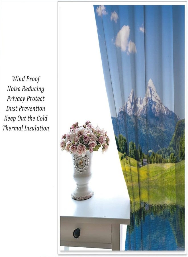 LOMADIA Lake Deocr Curtain, Nature Mountain Scenic Beautiful Blue Sky White Cloud House Grassland Landscapes Home Decor Windows Rod Pocket Curtains for Bedroom Kitchen Cafe Office Drapes 42x45in - Image 4